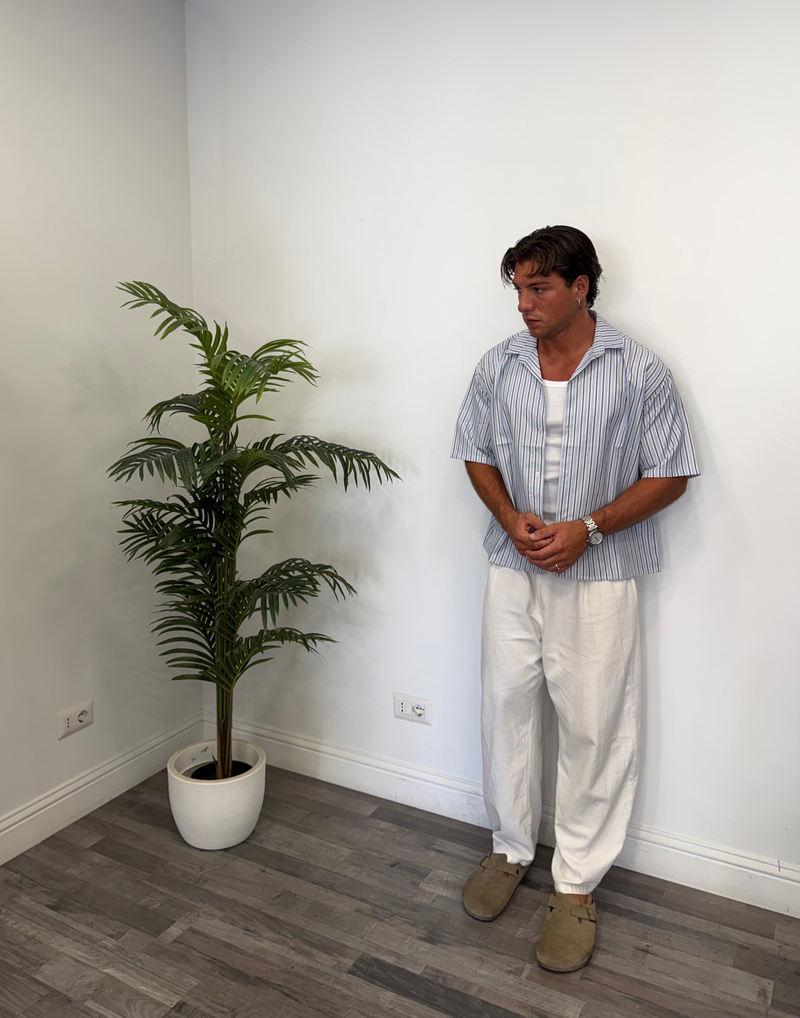 CAMICIA CELESTE RIGHE MARRONI